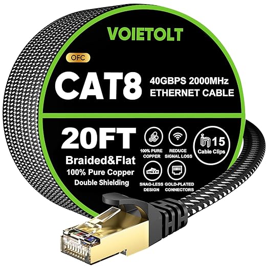 Cat 8 Ethernet Cable 20 FT Flat, High Speed 40Gbps 2000Mhz Braided Internet by EthernetCable