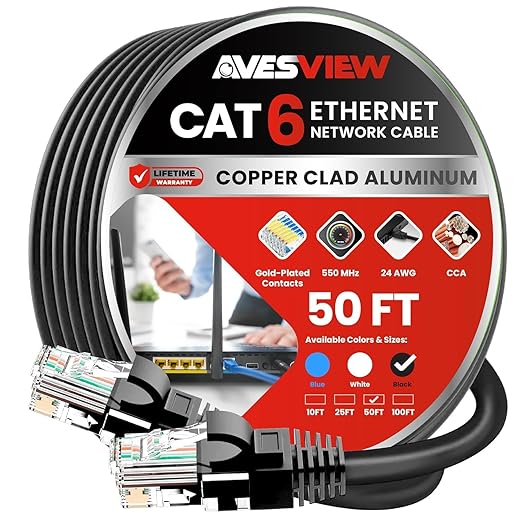 CAT 6 50FT Ethernet Cable, Indoor High-Speed 10Gbps Snagless Long CAT6 Ethernet by AvesView