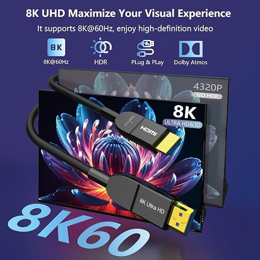 8K Fiber Optic HDMI Cable 30FT, Long Active HDMI 2.1 Cable 48Gbps Ultra High - Image 2