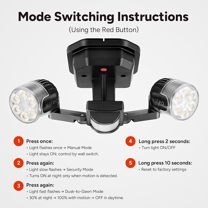 OREiN Motion Sensor Outdoor Security Lights, Dual-Head Adjustable LED Flood - Image 3