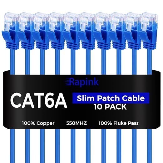 Rapink Patch Cables Cat6a 10ft Slim, Cat6a Ethernet Patch Cable 10G Support by Rapink