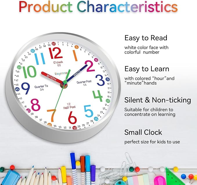 Roymnie Wall Clock for Kids Learning Easily Kids Teaching Clock Silent Non - Image 6