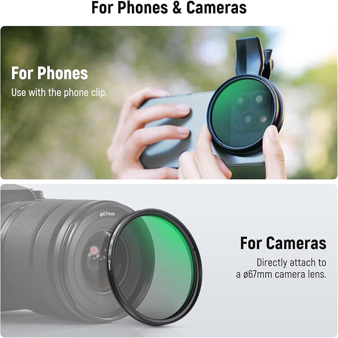NEEWER 67mm Clip On CPL Filter, Circular Polarizing Polarizer Phone Camera Lens - Image 6