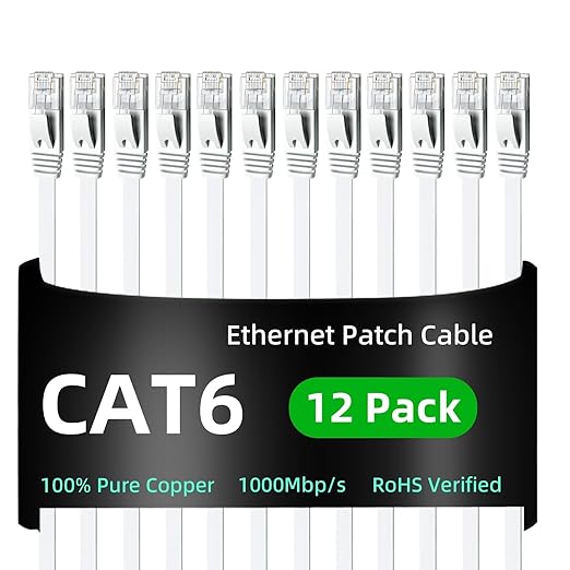 Yauhody CAT 6 Ethernet Cable 1.5ft 12-Pack White, High Speed Solid Flat CAT6 by Yauhody