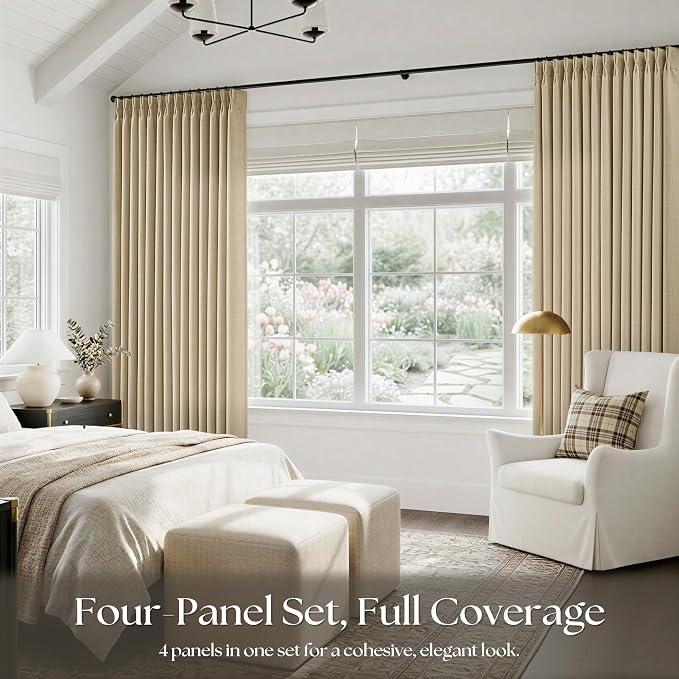 Pleated Tan Oatmeal Semi Sheer Sliding Door Curtains 105 Inches Long 4 Panels - Image 6