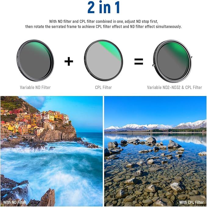 NEEWER 2 in 1 49mm Variable ND Filter ND2–ND32&CPL Filter No X Cross/30 Layer - Image 2