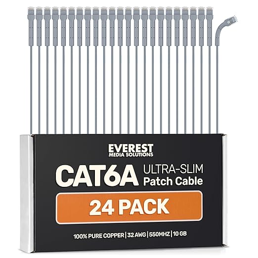 Everest Ultra Slim Cat6a Ethernet Patch Cables 2ft Gray by EverestMediaSolutions