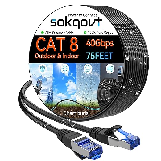 Sokqovt Cat 8 Ethernet Cable Slim 75ft Outdoor&Indoor, Pure Copper Cat8 by Unknown