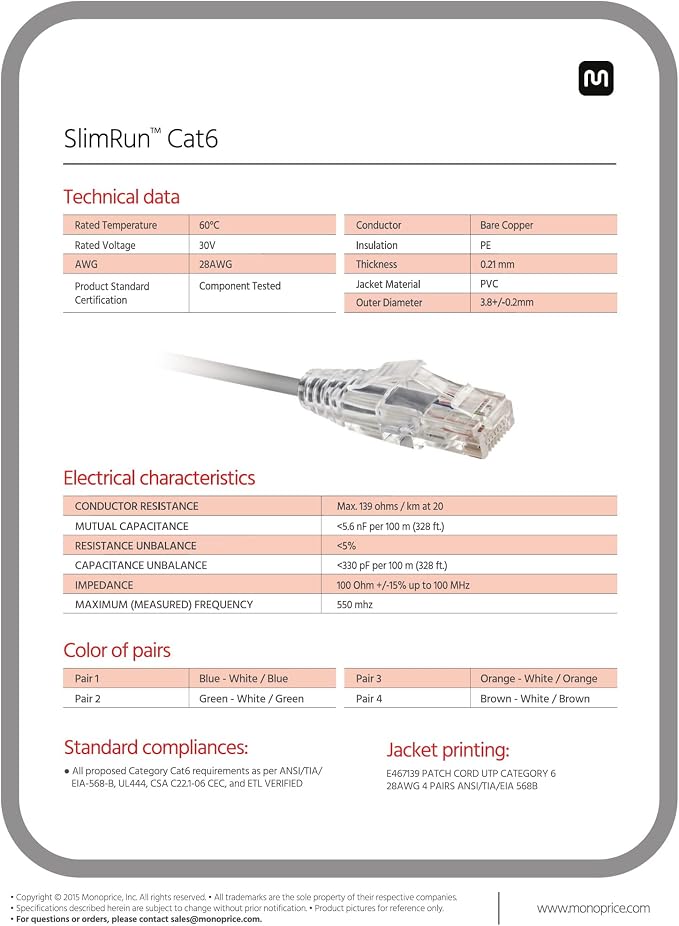 Monoprice Cat6 14ft Red Component Level Patch Cable UTP 28AWG 550MHz Pure Bare - Image 6