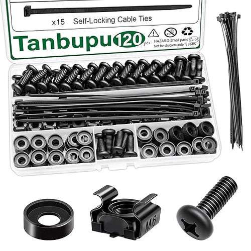 120Pcs M6 x 16mm Rack Mount Cage Nuts, Washers and Self-Locking Cable Ties by Tanbupu