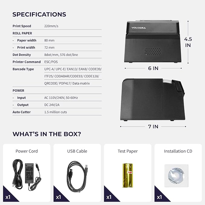 Volcora Thermal Receipt Printer, 80mm POS Printer w/Auto Cutter, USB/Bluetooth - Image 6