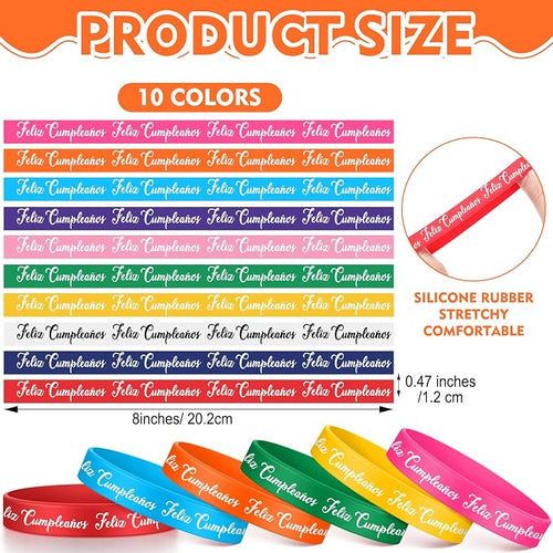 100 Pcs Spanish Happy Birthday Rubber Bracelets Bulk 10 Assorted Color Feliz - Image 2
