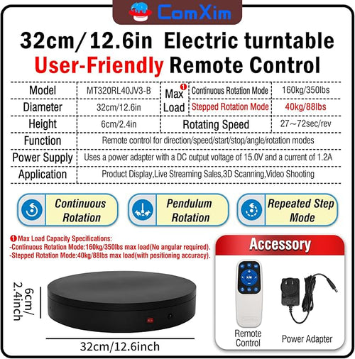 12.6Inch/350lbs Capacity Electric Motorized Turntable, Remote Rotating Display - Image 2