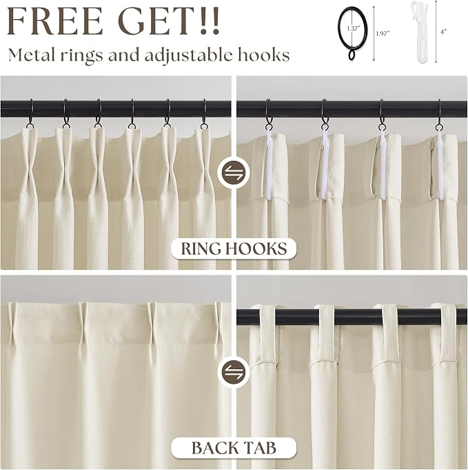 Cream Beige Pinch Pleated Linen Curtains 120 Inch 4 Panels Set - Image 5