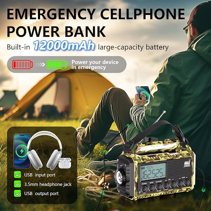 Emergency Weather Radio, 12000mAh/44400mWh Solar Hand Crank AUTO NOAA - Image 5