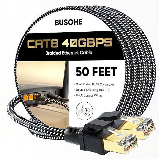 BUSOHE Cat 8 Ethernet Cable 50 FT, High Speed 40Gbps 2000Mhz Braided Network by BUSOHE
