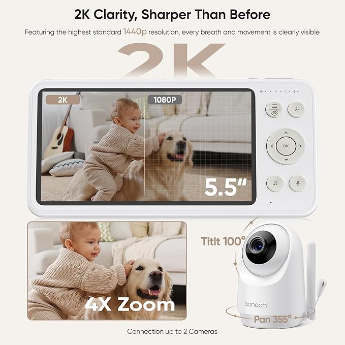 bonoch 2K 5.5" Baby Monitor No WiFi, 1600ft Long Range Video Baby Monitor - Image 2
