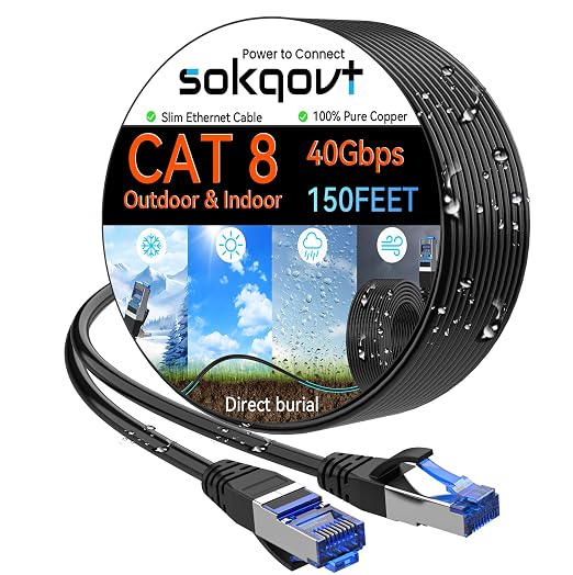 Sokqovt Cat 8 Ethernet Cable Slim 150ft Outdoor&Indoor, Pure Copper Cat8 by Unknown