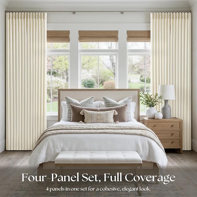Cream Beige Pinch Pleated Linen Curtains 108 Inch 4 Panels Set - Image 6