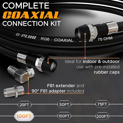 G-PLUG RG6 Coaxial Cable 150FT – Triple Shielded, Waterproof, 75 Ohm - Image 2