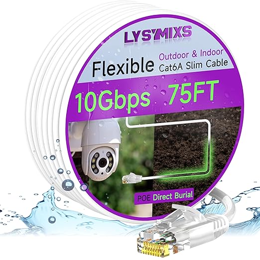 Cat6a Slim Ethernet Patch Cable 75ft Indoor & Outdoor, Flexible 10G Cat6 by Lysymixs
