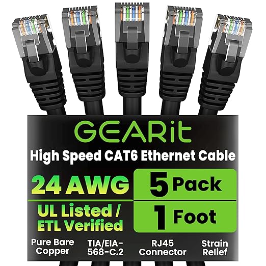 GEARit Cat 6 Patch Cables 1 ft Black Cat6 Patch Cables 1ft Black/Ethernet Patch by GEARit