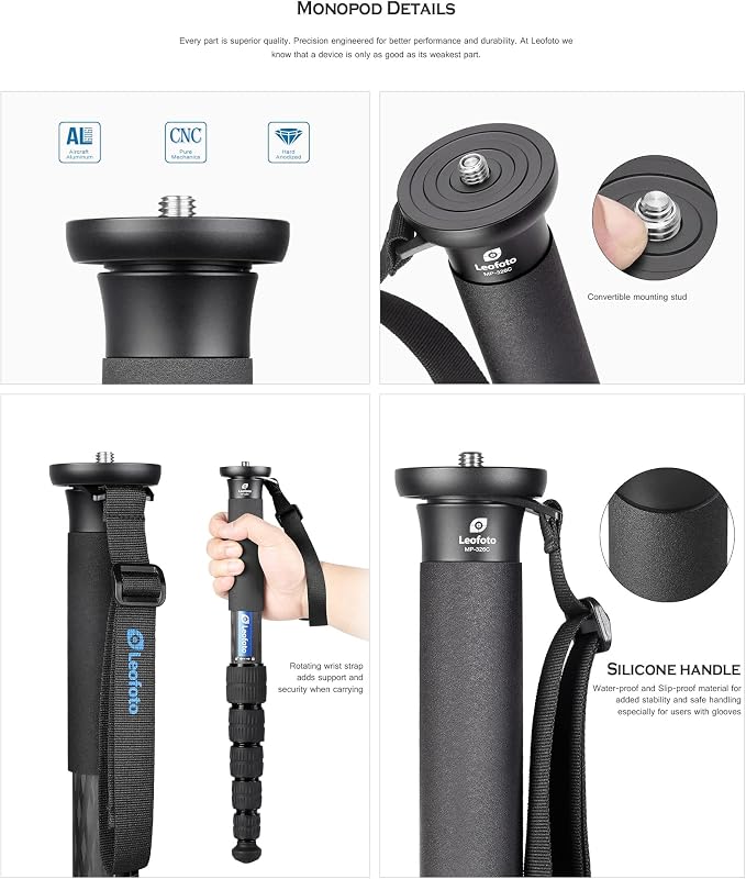 Leofoto MP-284C+VH-10S Monopod and Tilt Head Set, Carbon Fiber, VH-10S Monopod - Image 4