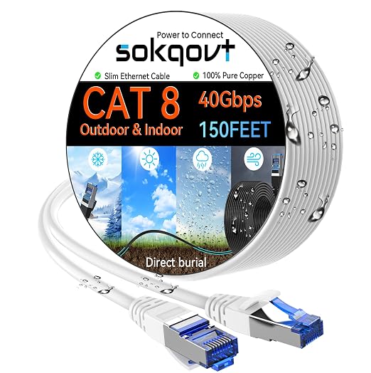 Sokqovt Cat 8 Ethernet Cable Slim 150ft Outdoor&Indoor, Pure Copper Cat8 by Unknown