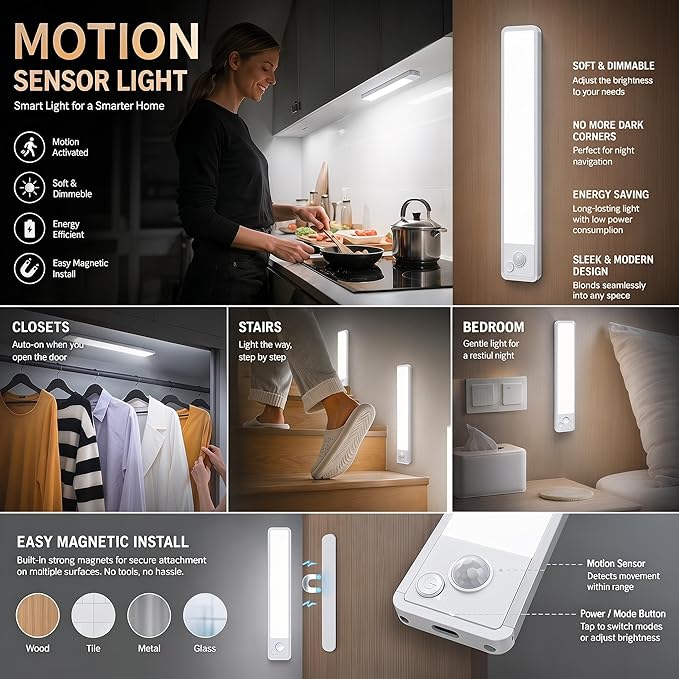 Under Cabinet Lighting: 8 Inch 3-Color Dimmable Rechargeable Motion Sensor - Image 3