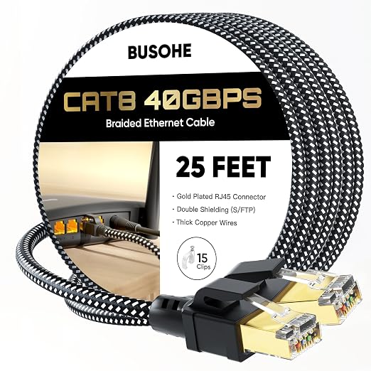 BUSOHE Cat 8 Ethernet Cable 25 FT, High Speed 40Gbps 2000Mhz Braided Network by BUSOHE