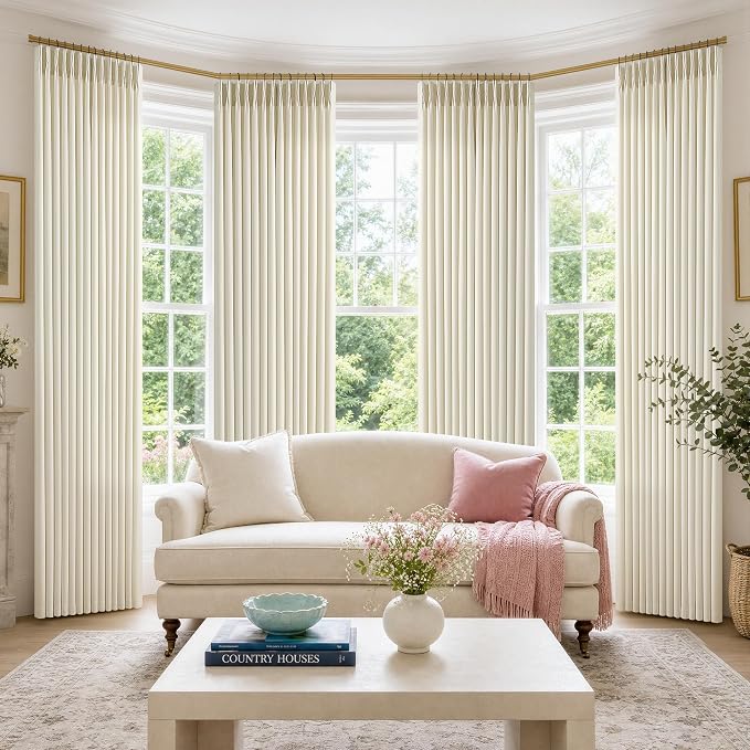 Cream Beige Pinch Pleated Linen Curtains 90 Inch 4 Panels Set by Twodrapes
