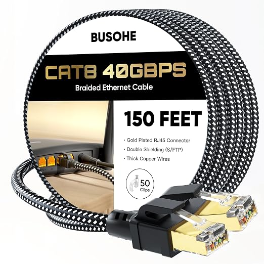 BUSOHE Cat 8 Ethernet Cable 150 FT, High Speed 40Gbps 2000Mhz Braided Network by BUSOHE