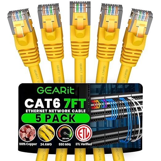 GEARit Cat 6 Ethernet Patch Cable 7 ft Yellow Cat6 Patch Cables 7ft by GEARit