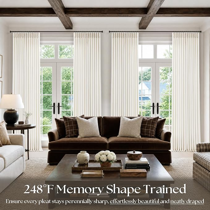 Pinch Pleat Linen Curtains 108 Inches Long 4 Panels Set Ivory Cream Memory - Image 6
