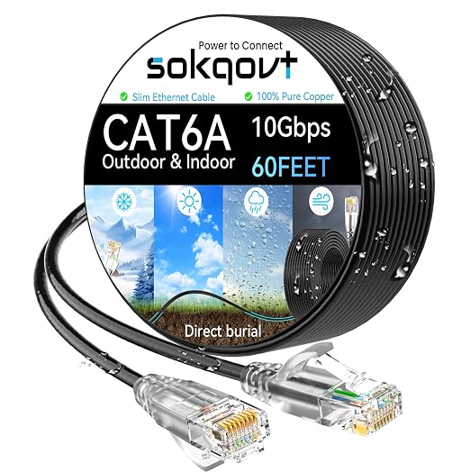 Cat6a Ethernet Cable Slim 60ft Outdoor&Indoor, 28AWG Pure Copper Cat6 Internet by Unknown