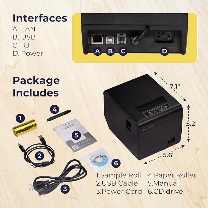 Volcora Thermal Receipt Printer, 80mm POS Printer w/Auto Cutter, USB/Ethernet - Image 5