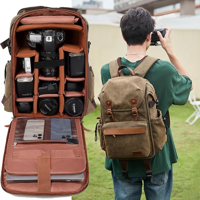 Vintage Canvas Camera Backpack for DSLR/Mirrorless & Drone, Waterproof - Image 3