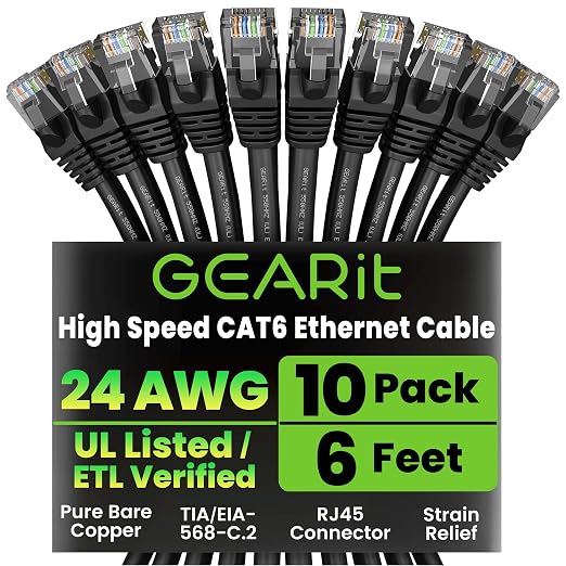 GEARit Cat 6 Ethernet Patch Cable 6 ft Black Cat6 Patch Cables 6ft by GEARit