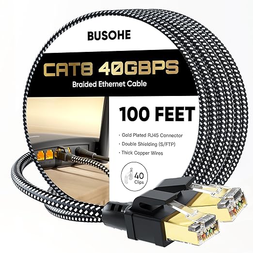 BUSOHE Cat 8 Ethernet Cable 100 FT, High Speed 40Gbps 2000Mhz Braided Network by BUSOHE