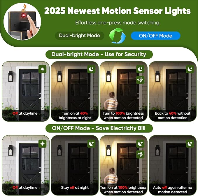2-Pack Upgraded Motion Sensor Outdoor Wall Lights, Dusk to Dawn Porch Lights - Image 3