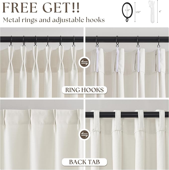 Pinch Pleated Linen Curtains 98 Inches Long 4 Panels Set Ivory Cream Memory - Image 5