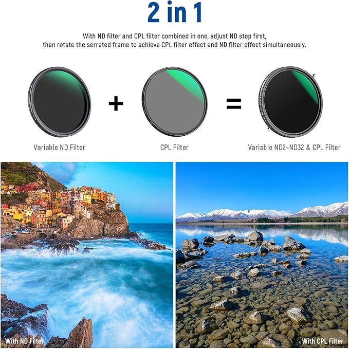 NEEWER 2 in 1 67mm Variable ND Filter ND2–ND32&CPL Filter No X Cross/30 Layer - Image 2