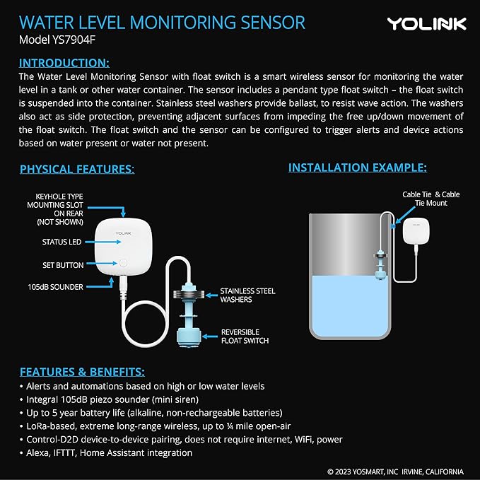 YoLink LoRa Smart Water Level Monitoring Sensor, Wireless Battery-Powered Float - Image 2