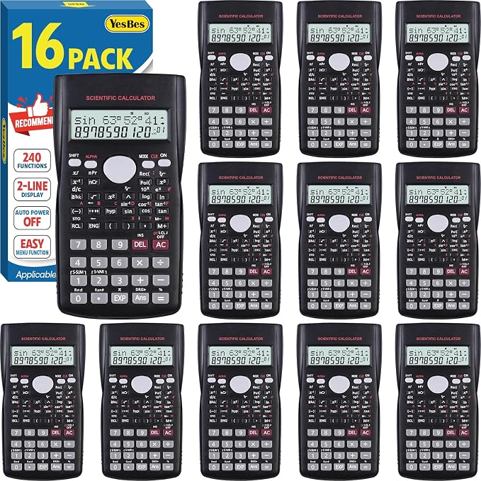 16 Pack Scientific Calculators, 2-Line Large Screen Display 240 Functions by YesBes