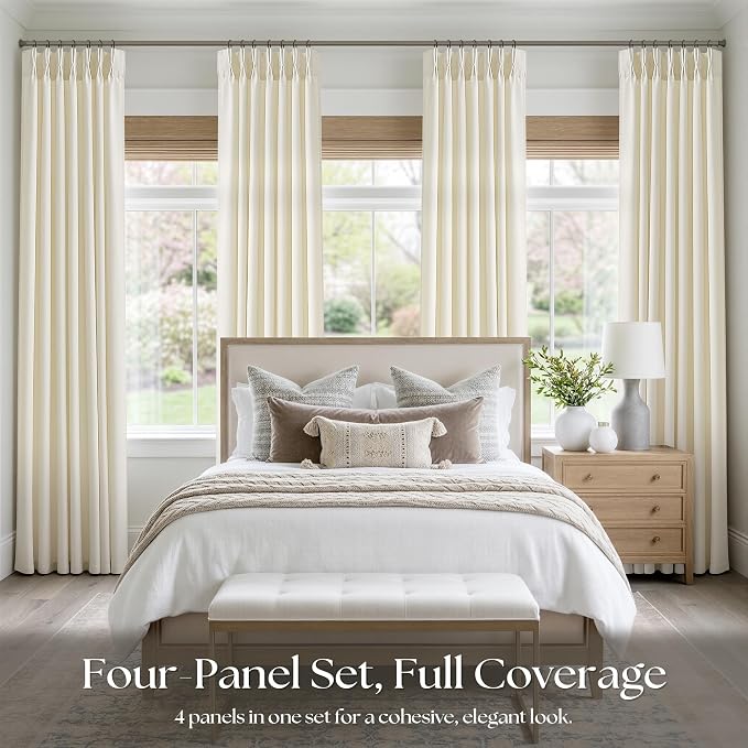 Cream Beige Pinch Pleated Linen Curtains 102 Inch 4 Panels Set - Image 6