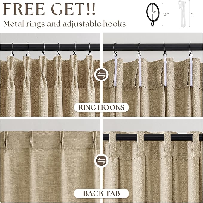 Tan Pinch Pleated Bedroom Curtains 96 Inches Long 4 Panels Set, Memory Trained - Image 5