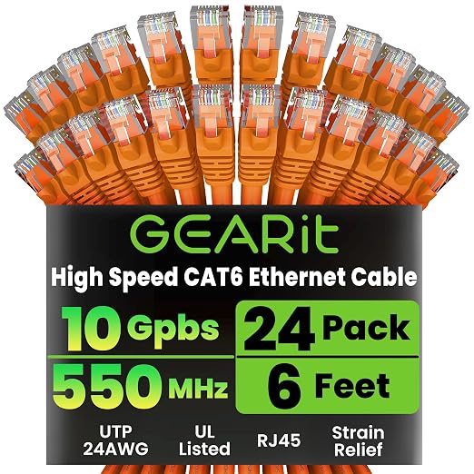GEARit Cat 6 Ethernet Patch Cables 6 ft Orange, High Speed 24AWG 10Gbps RJ45 by GEARit