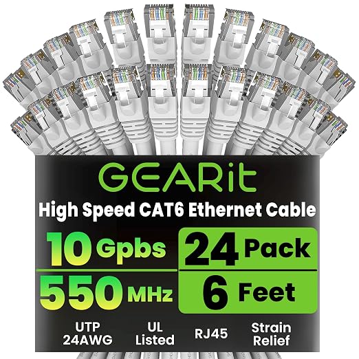 GEARit Cat 6 Ethernet Patch Cables 6 ft White, High Speed 24AWG 10Gbps RJ45 by GEARit